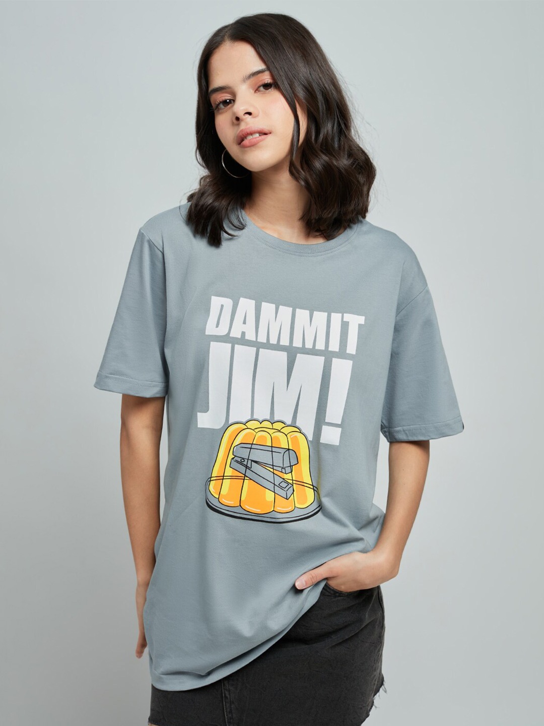 

The Souled Store Women Grey Typography Printed Raw Edge Loose T-shirt