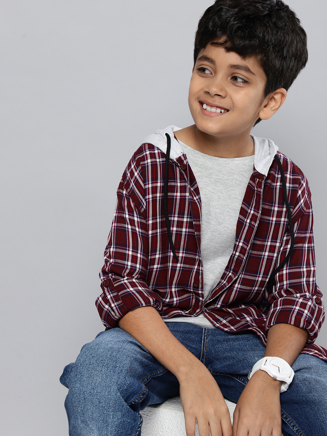

HERE&NOW Boys Tartan Checks Opaque Hooded Casual Shirt, Maroon