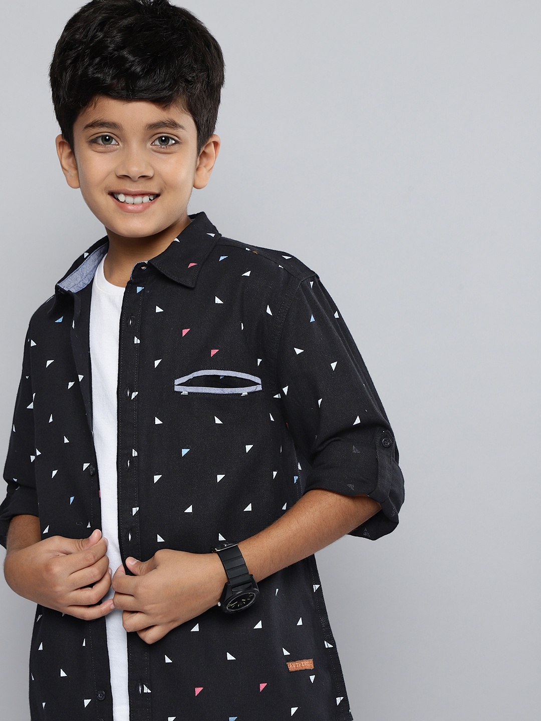 

HERE&NOW Boys Geometric Printed Casual Shirt, Black