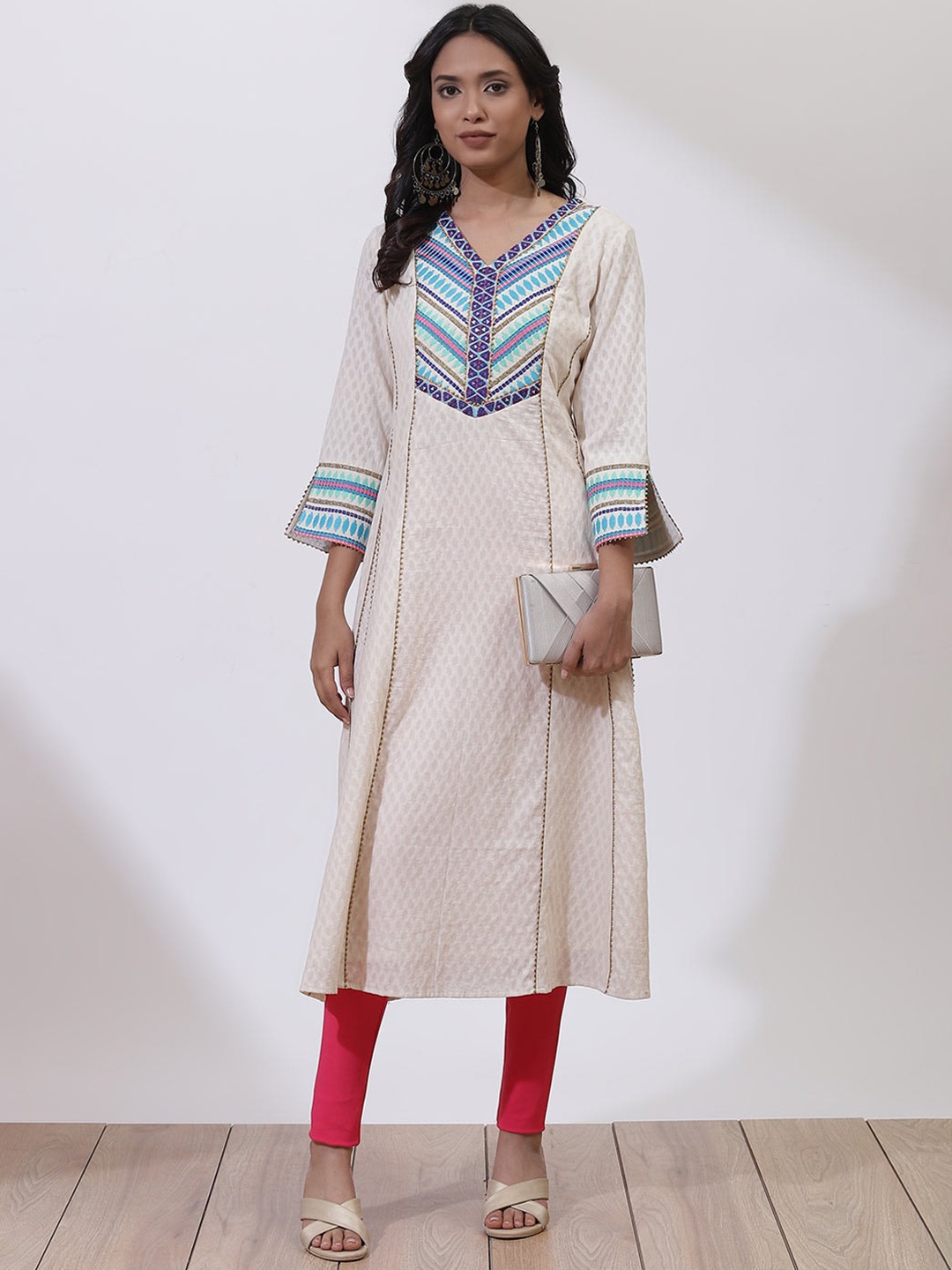 

Lakshita Women Blue Striped Flared Sleeves Thread Work Anarkali Kurta