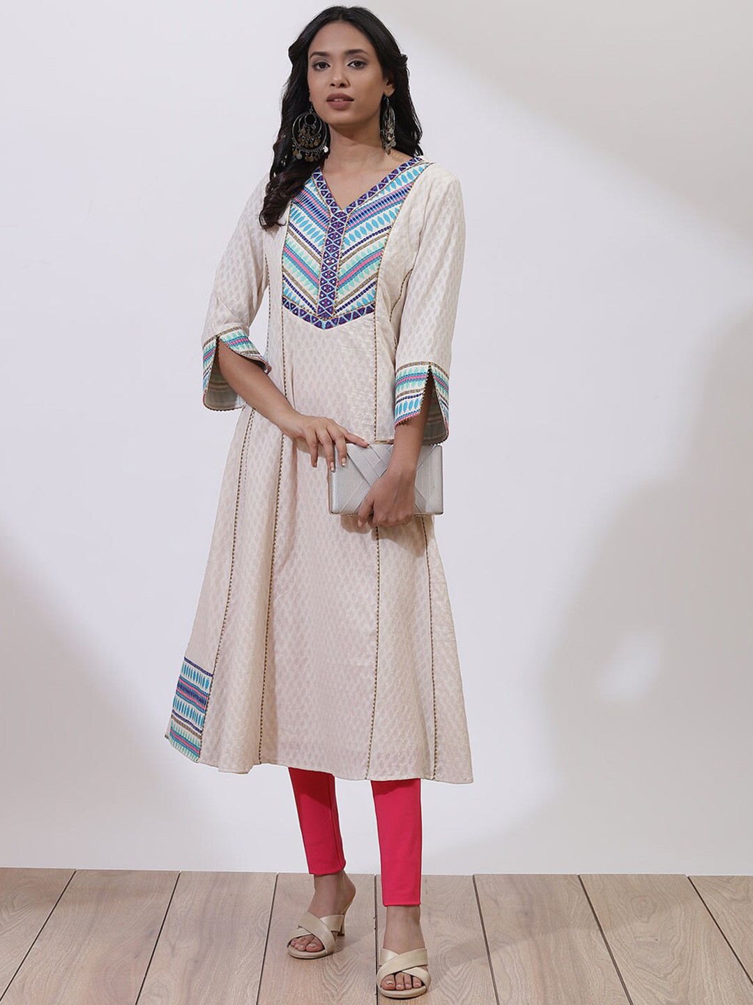 

Lakshita Women Blue Striped Flared Sleeves Thread Work Anarkali Kurta