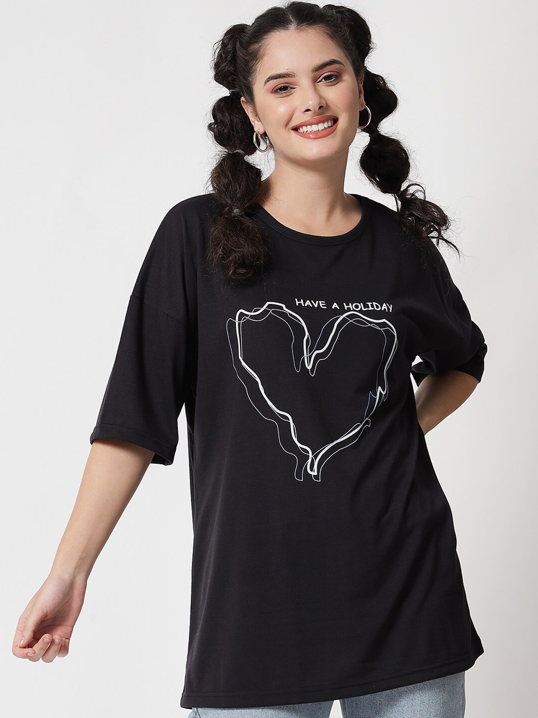 

Kotty Women Black Typography Printed Extended Sleeves Oversized T-shirt