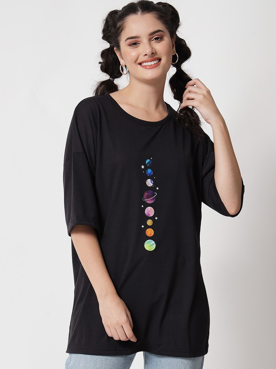 

Kotty Women Black Typography Printed Applique Oversized T-shirt