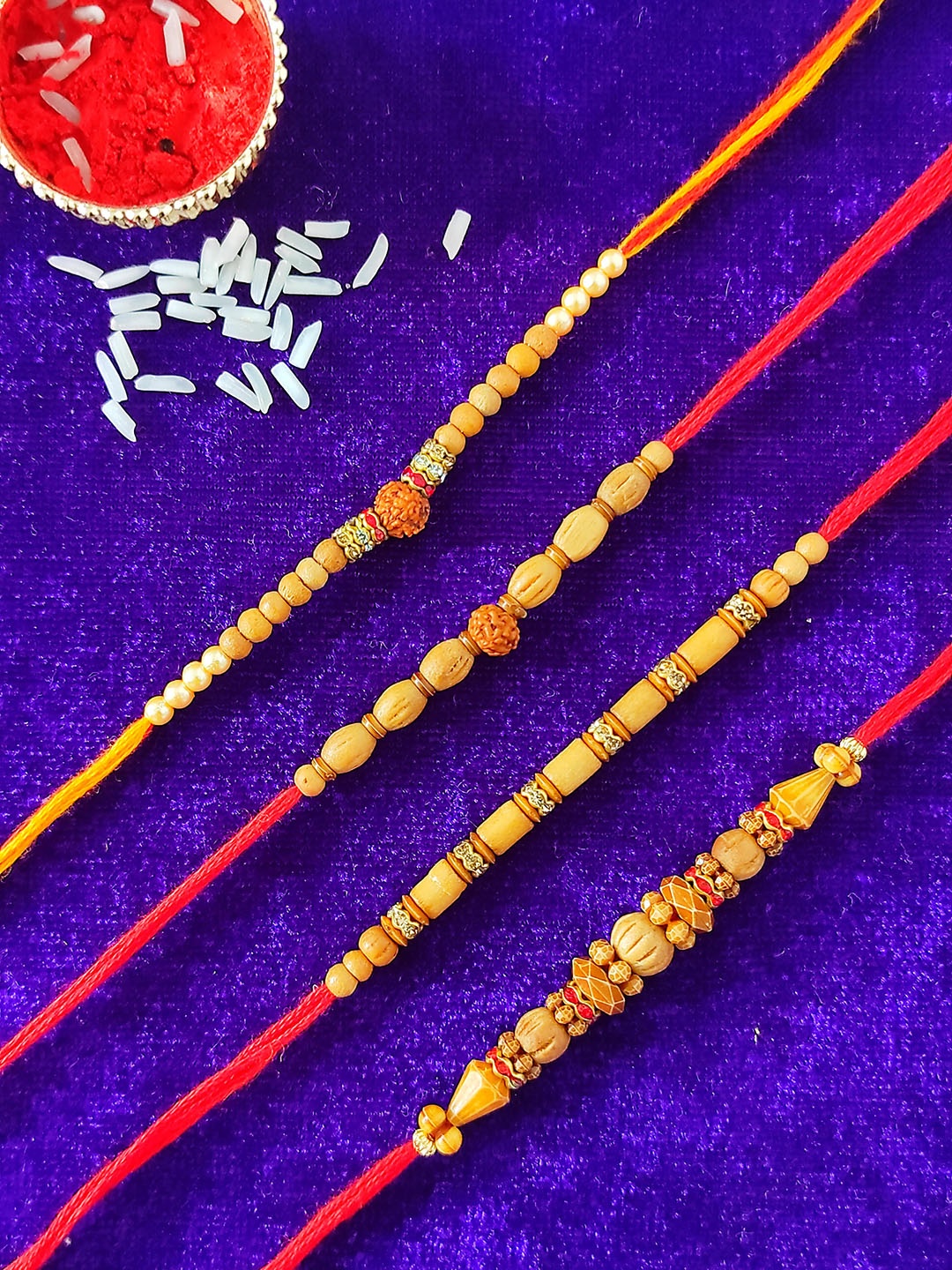 

CRAYTON Men Set Of 4 Gold-Toned White & Brown Stone-Studded & Beaded Rakhi