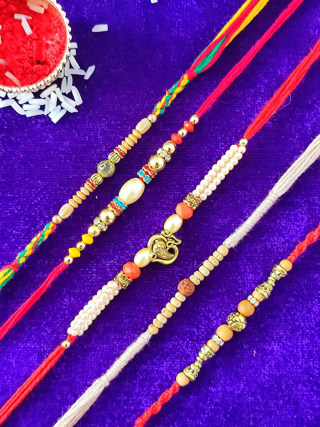 

CRAYTON Men Set Of 5 Red Beaded Traditional Rakhi, Multi