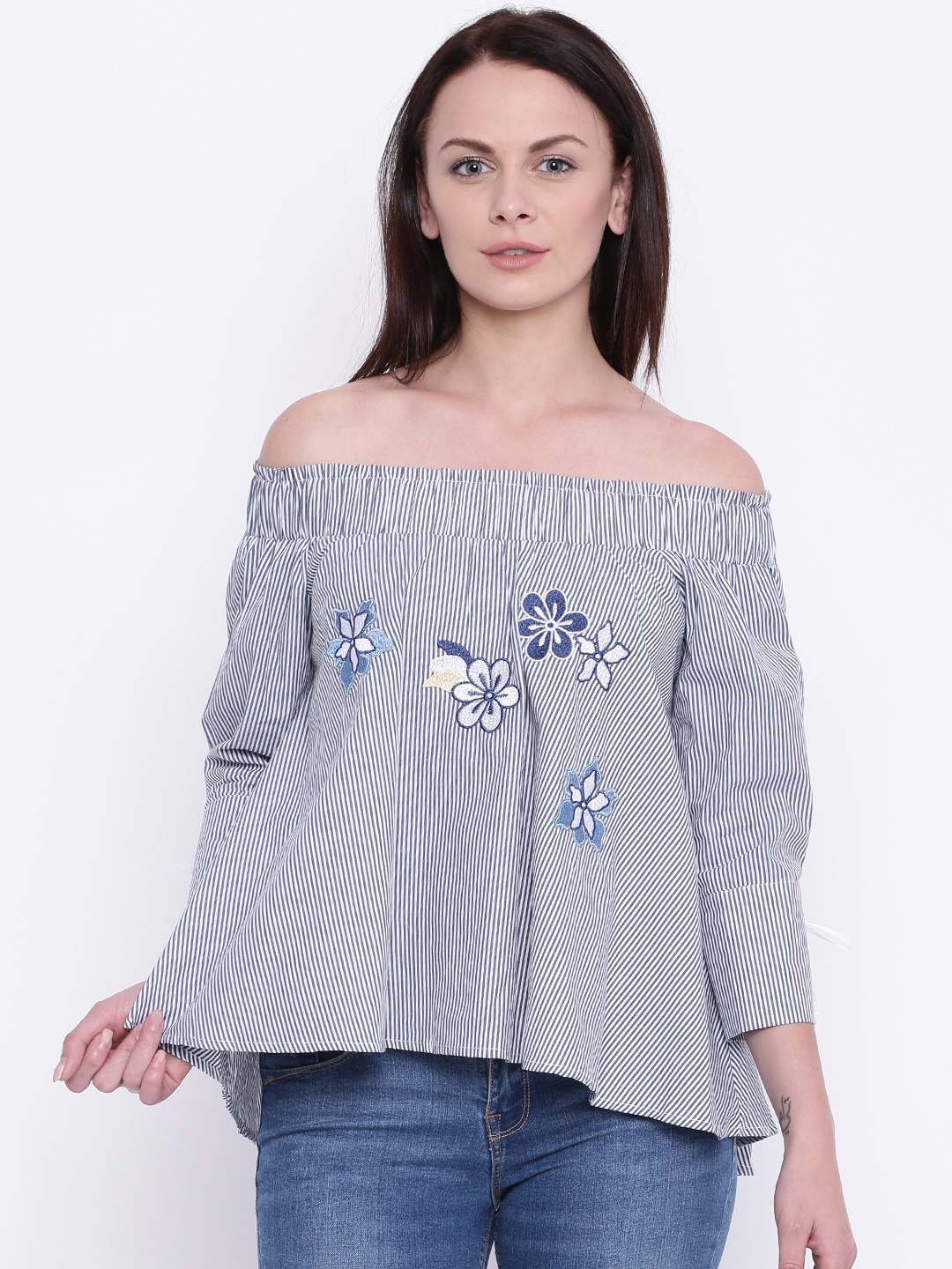 

Deal Jeans Navy Blue & White Striped Bardot Pure Cotton Top