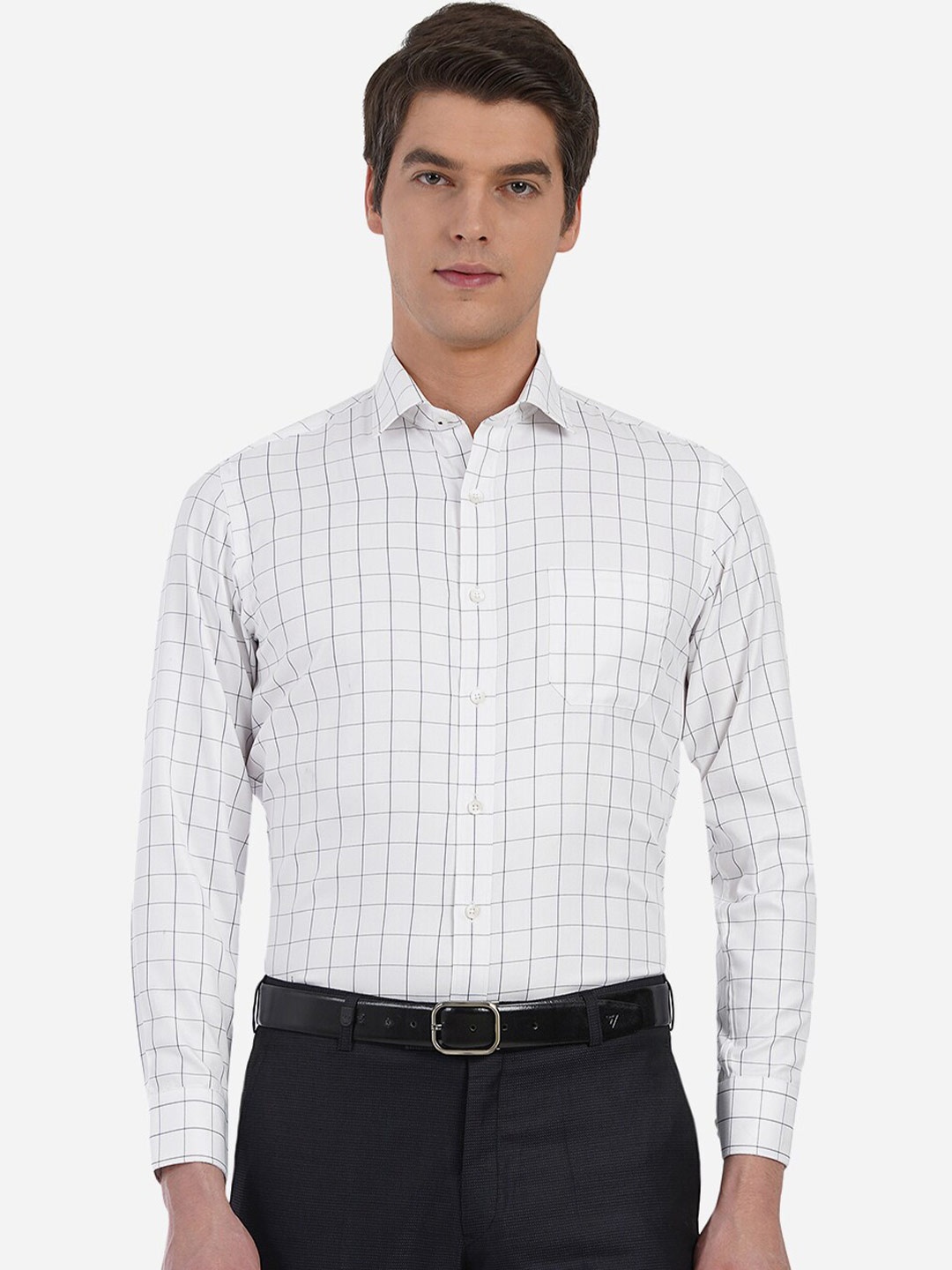 

Greenfibre Men White Custom Slim Fit Grid Tattersall Checks Checked Casual Shirt