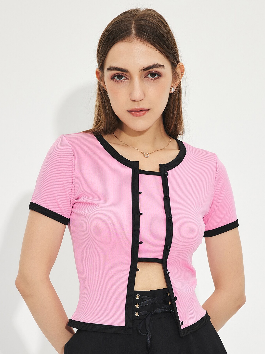 

URBANIC Women Pink Typography Printed Extended Sleeves Applique Slim Fit T-shirt