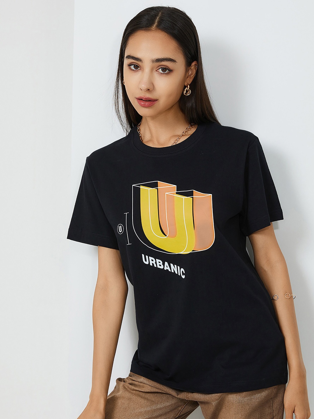 

URBANIC Women Yellow Printed Applique T-shirt