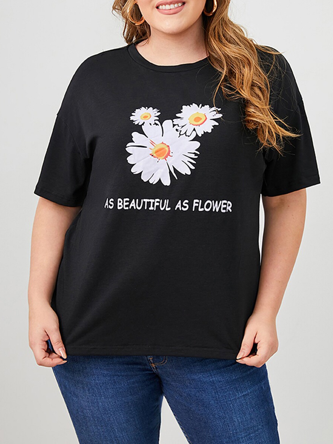 

URBANIC Women Black Typography Printed Polo Collar Applique T-shirt