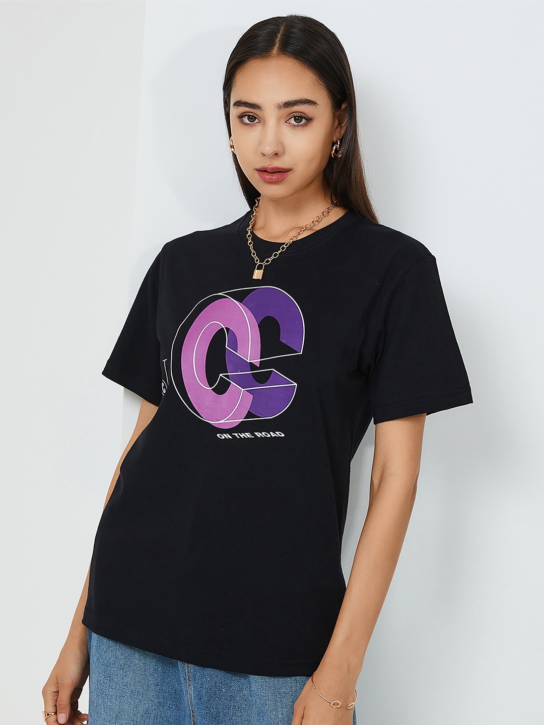 

URBANIC Women Purple Typography Printed Applique T-shirt