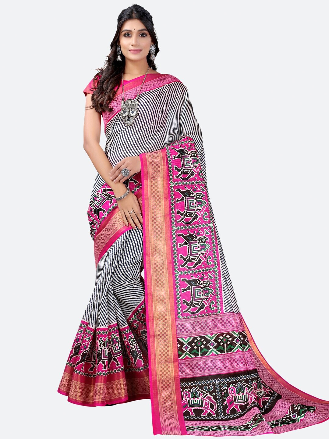 

KALINI Off White & Pink Striped Zari Pure Silk Maheshwari Saree