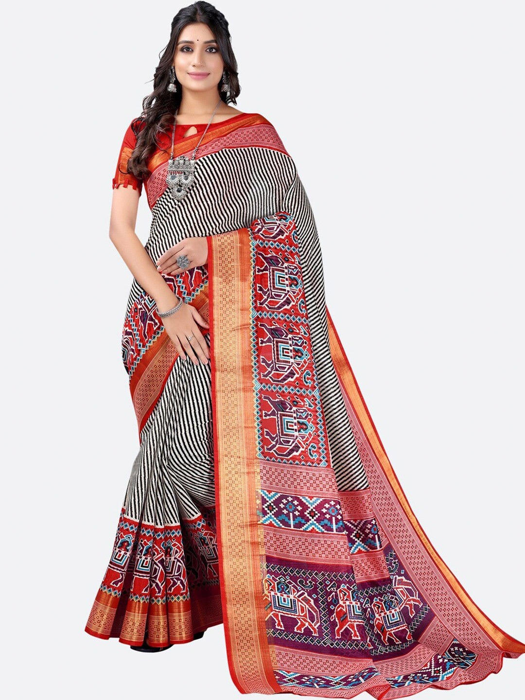 

KALINI Off White & Red Striped Zari Pure Silk Maheshwari Saree