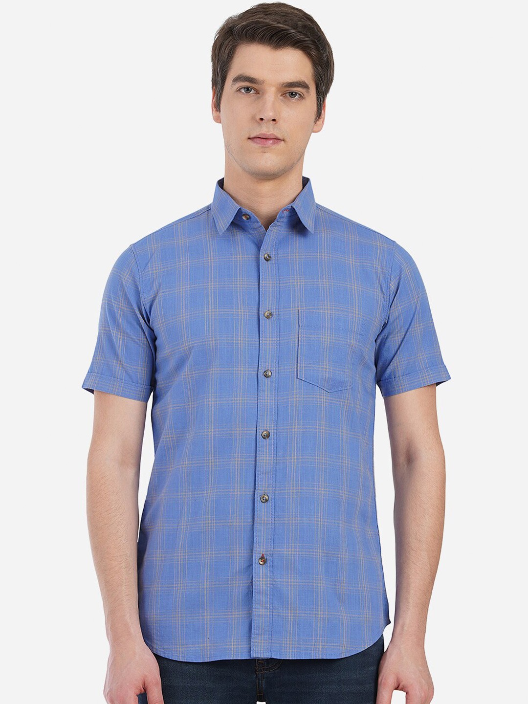 

JADE BLUE Men Blue Custom Slim Fit Grid Tattersall Checks Checked Casual Shirt