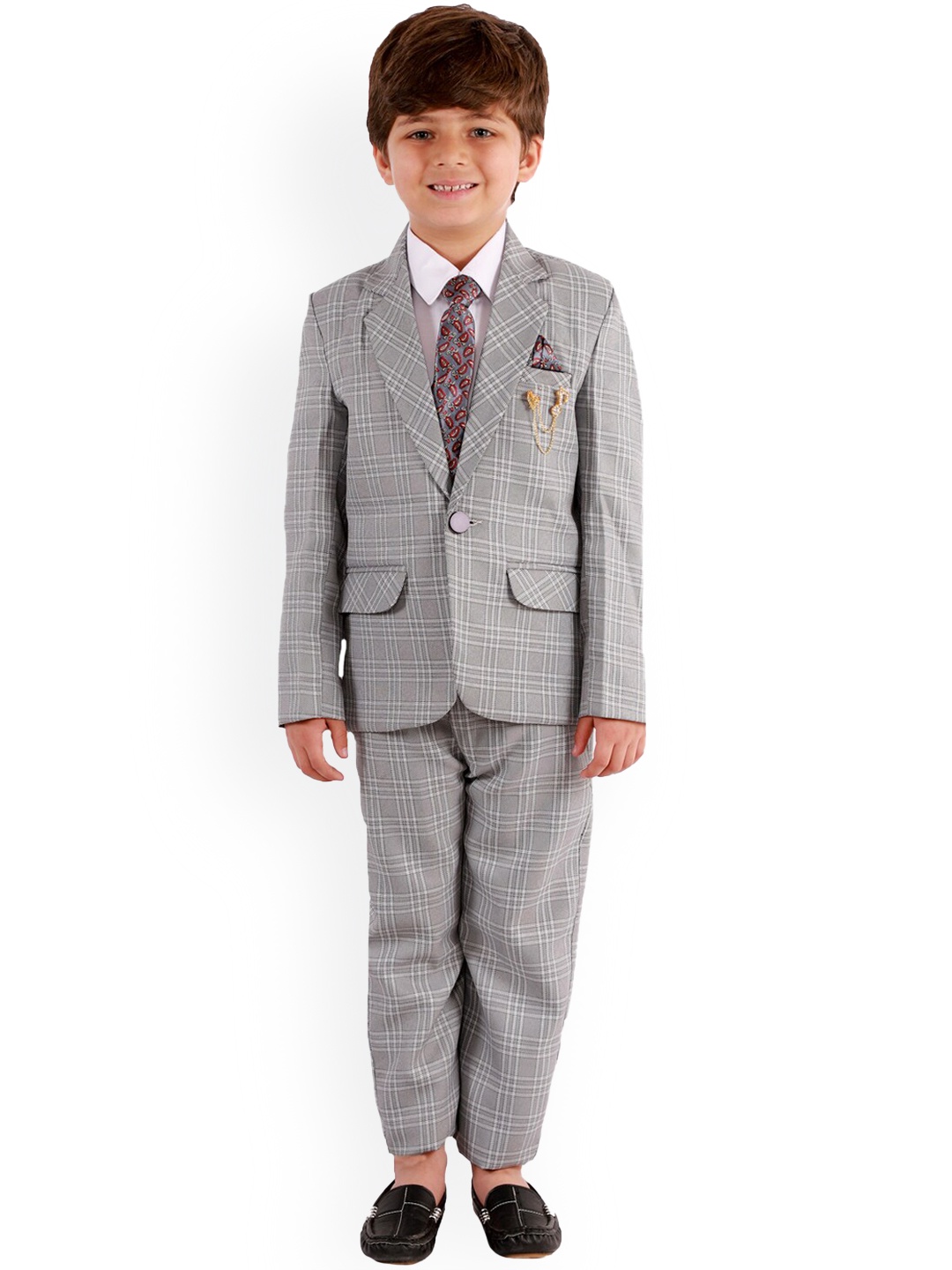 

DKGF FASHION Boys Grey Checked 4-Piece Single-Breasted Partywear Suit