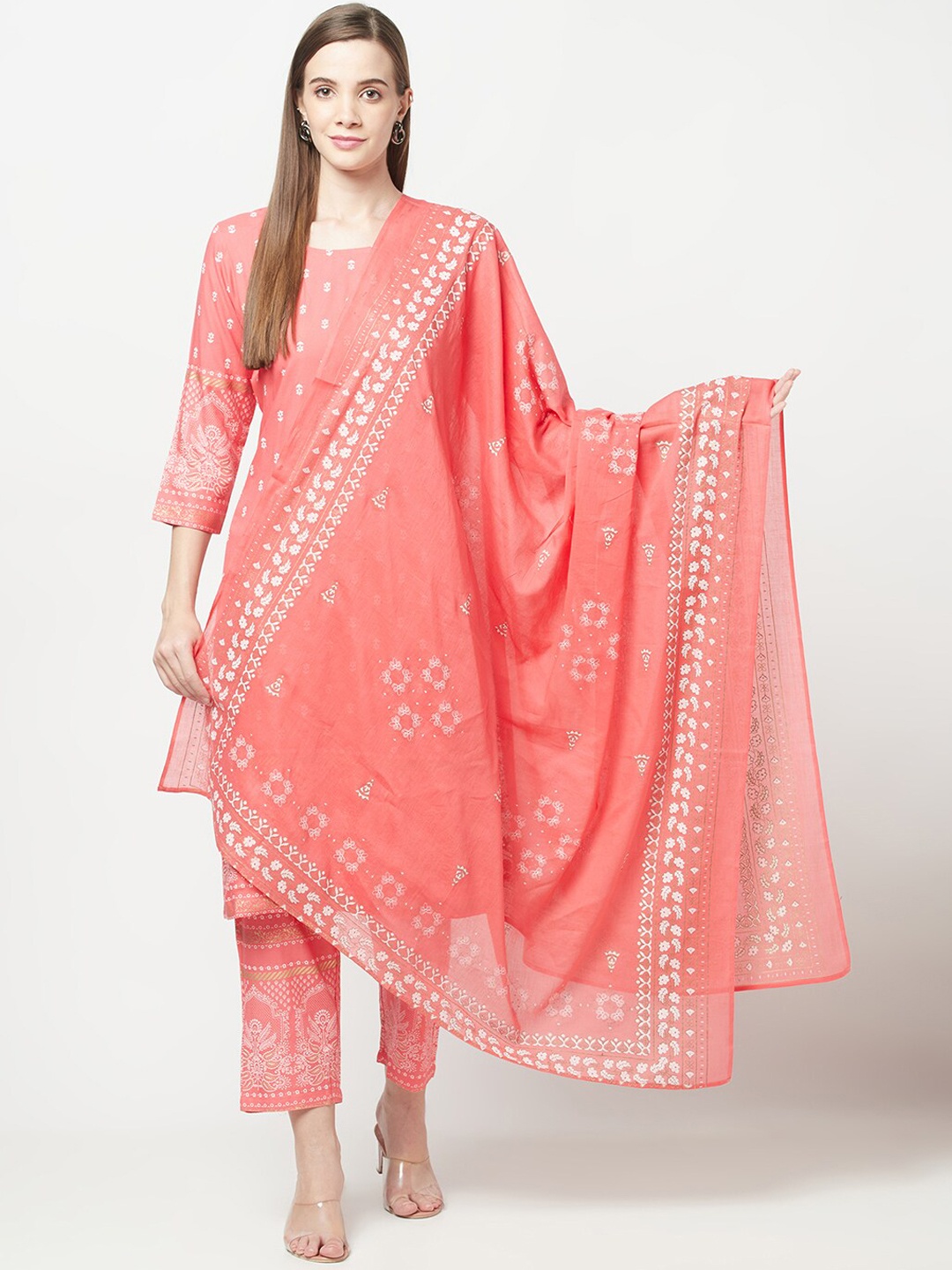

ERISHA Women Pink Floral Printed Kurta with Trousers & With Dupatta