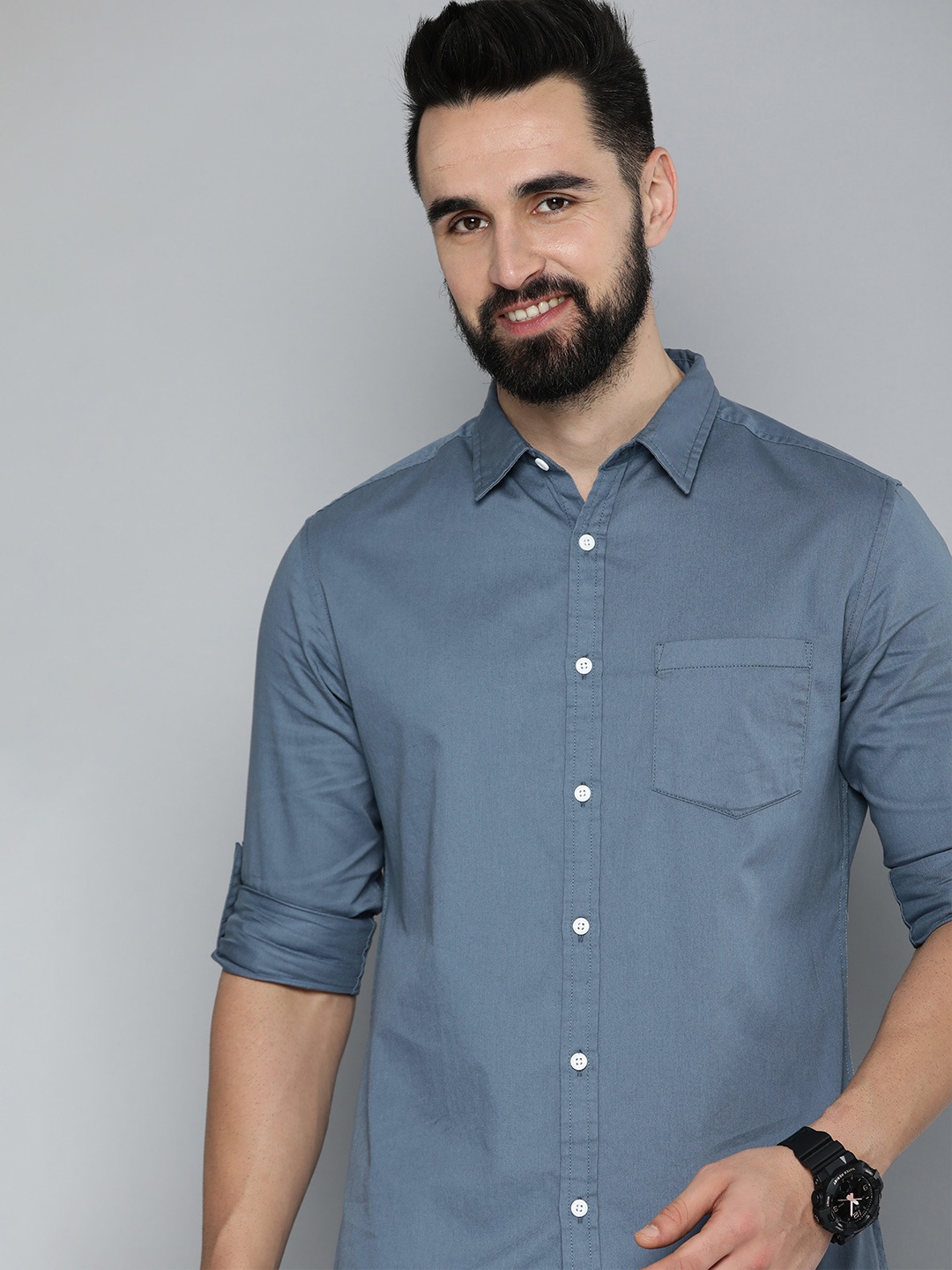 

HERE&NOW Men Pure Cotton Slim Fit Casual Shirt, Blue