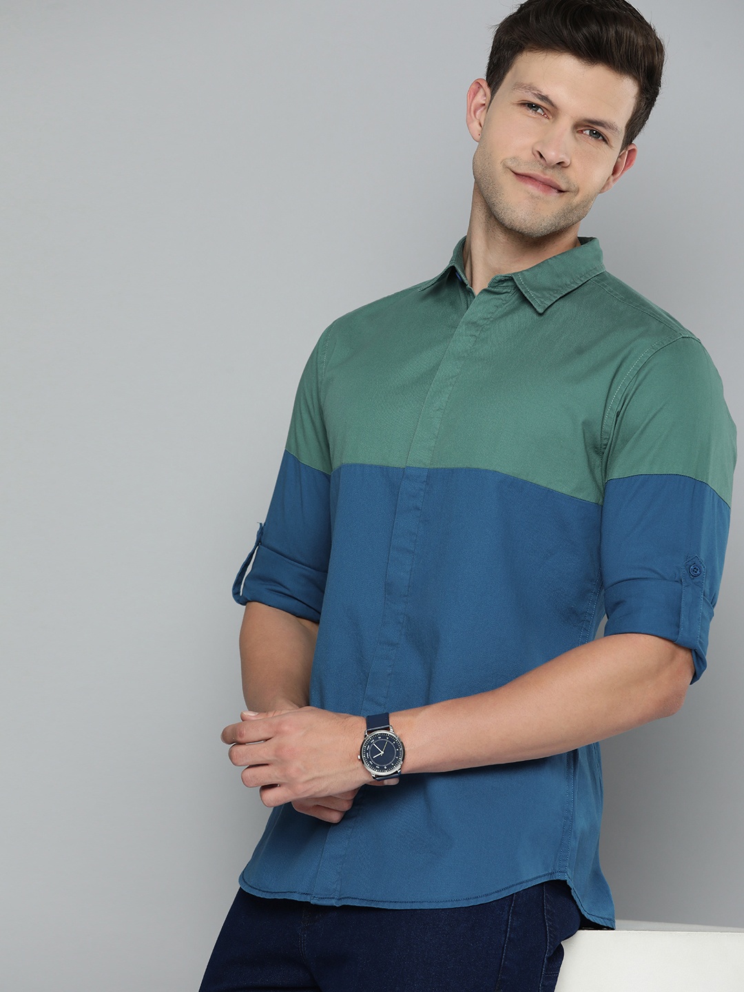 

HERE&NOW Men Slim Fit Colourblocked Cut & Sew Opaque Pure Cotton Casual Shirt, Blue