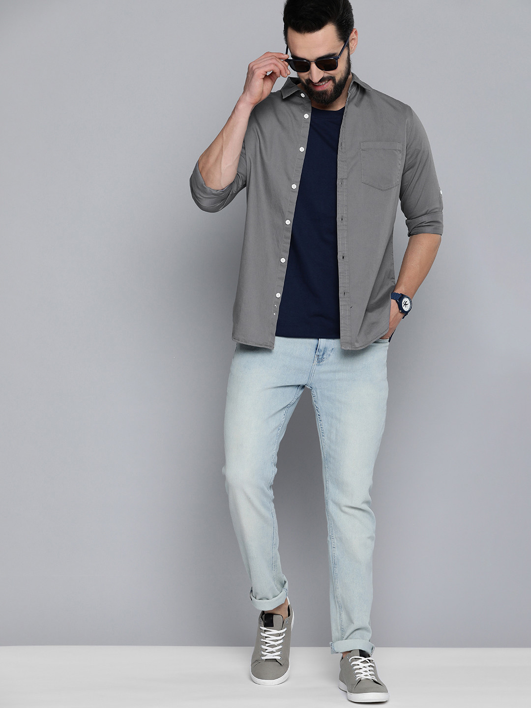 

HERE&NOW Men Grey Solid Slim Fit Pure Cotton Casual Shirt
