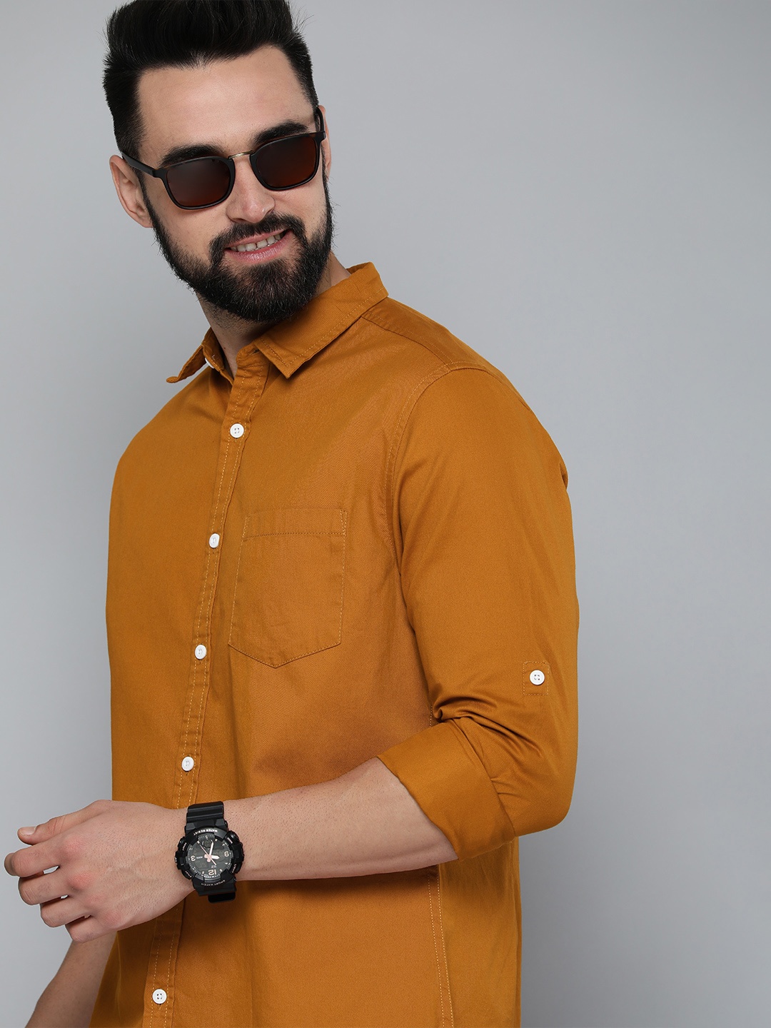 

HERE&NOW Men Solid Slim Fit Pure Cotton Casual Shirt, Mustard