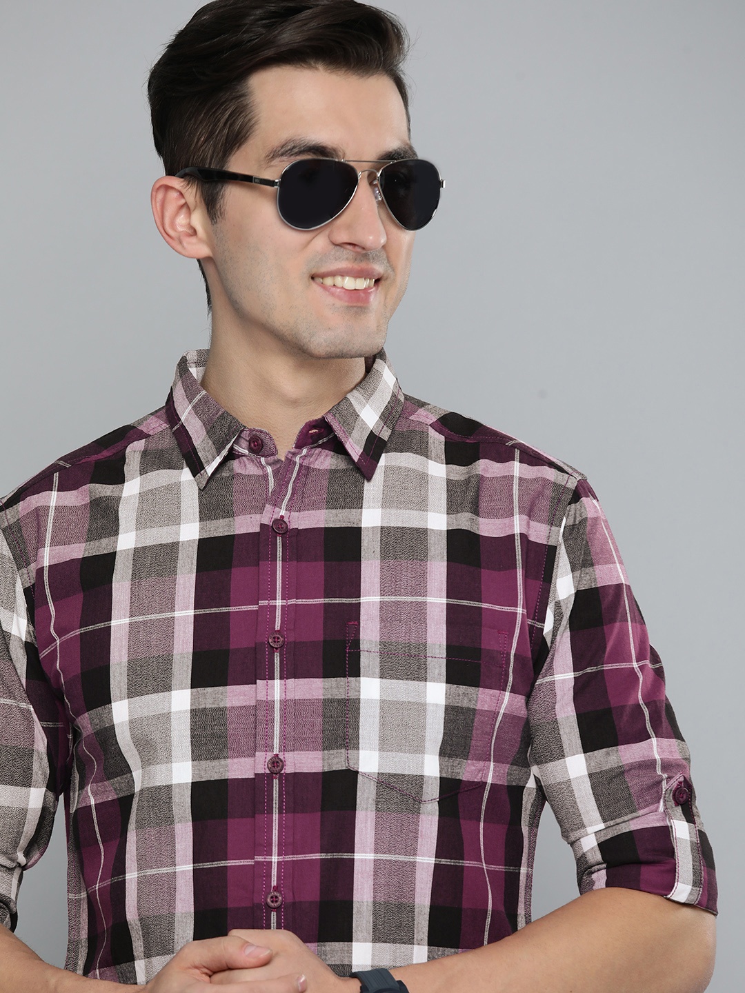 

HERE&NOW Men Purple & White Checked Pure Cotton Casual Shirt