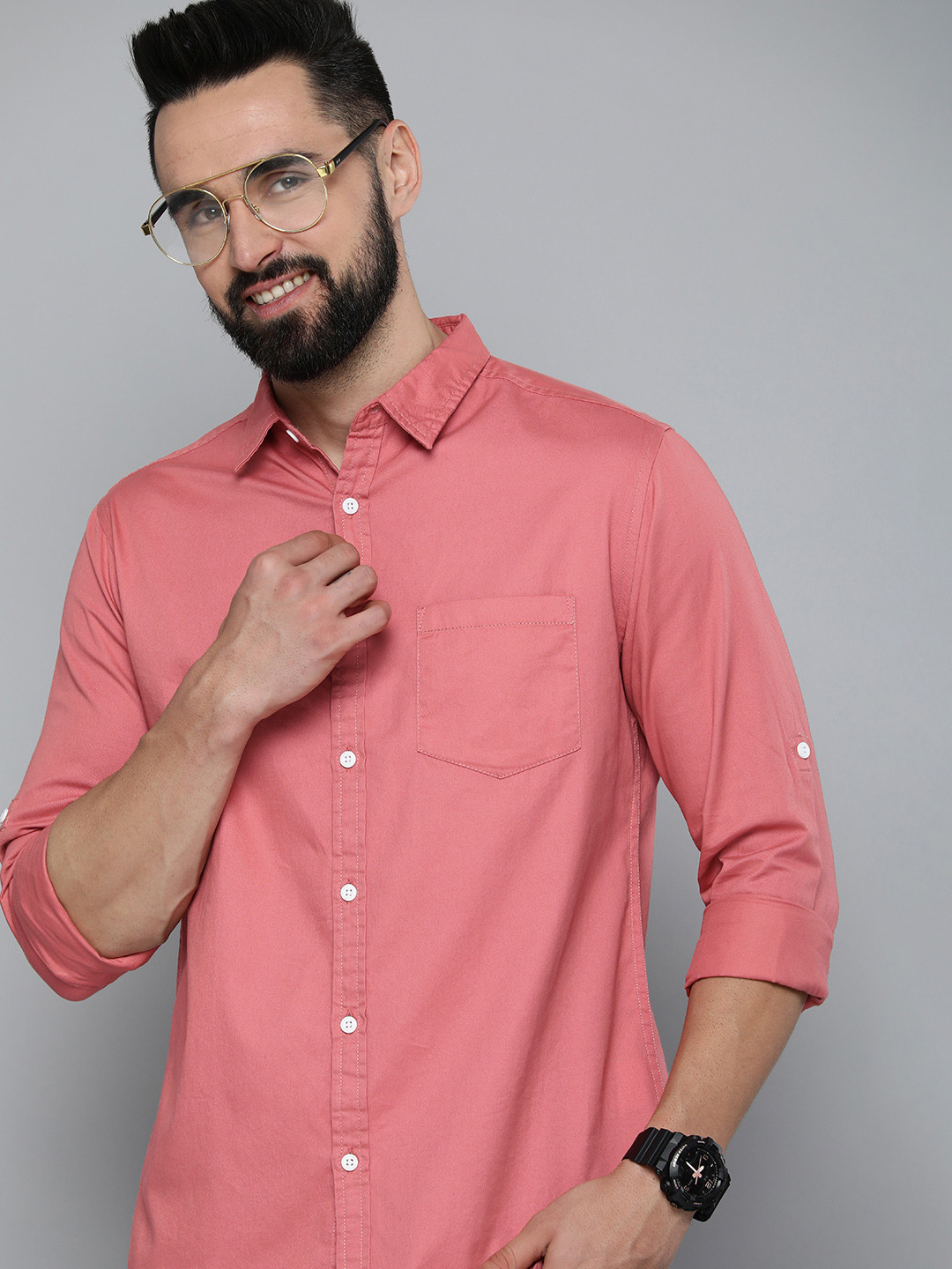 

HERE&NOW Men Solid Slim Fit Pure Cotton Casual Shirt, Pink