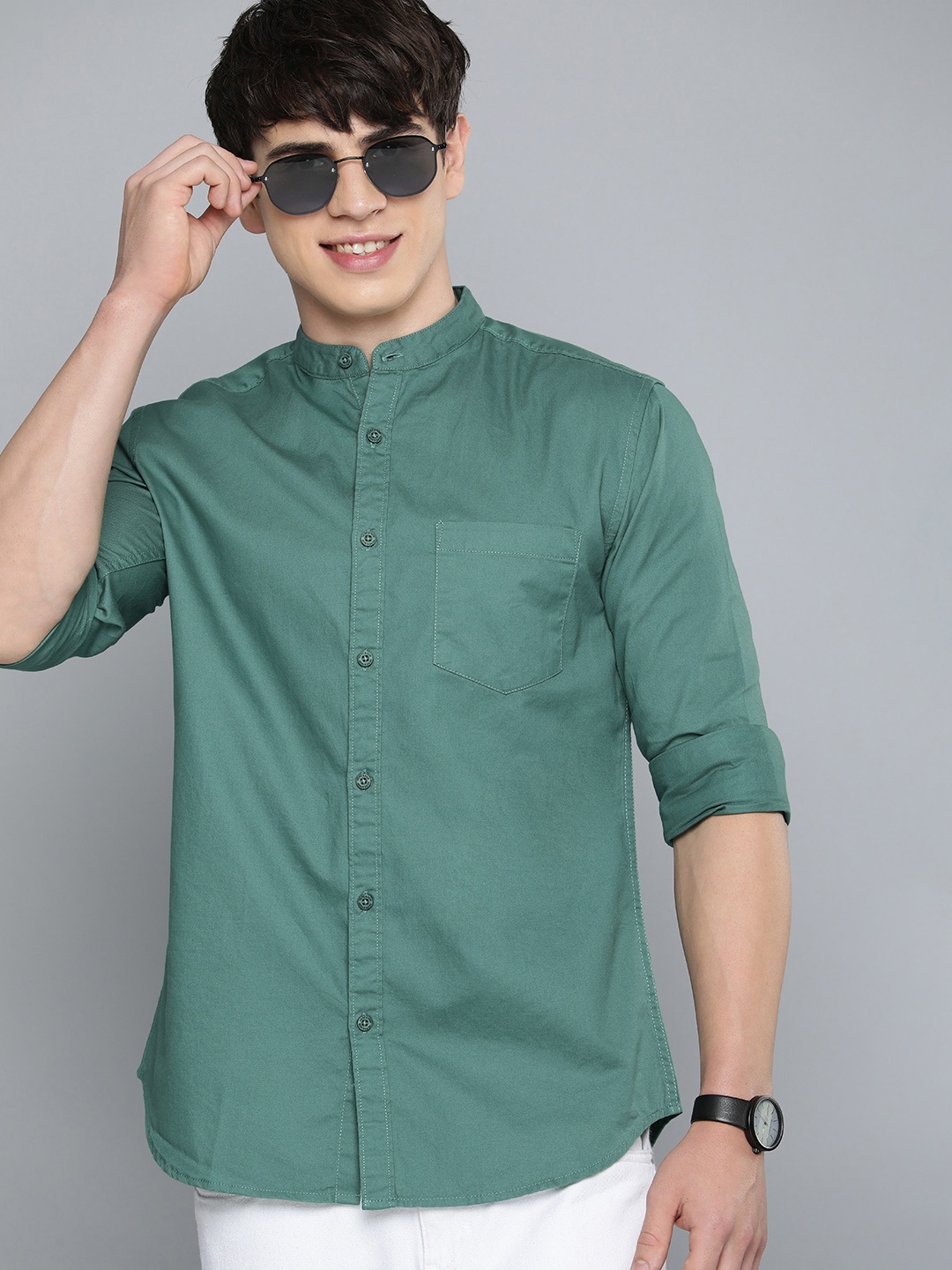 

HERE&NOW Men Pure Cotton Band Collar Slim Fit Casual Shirt, Teal