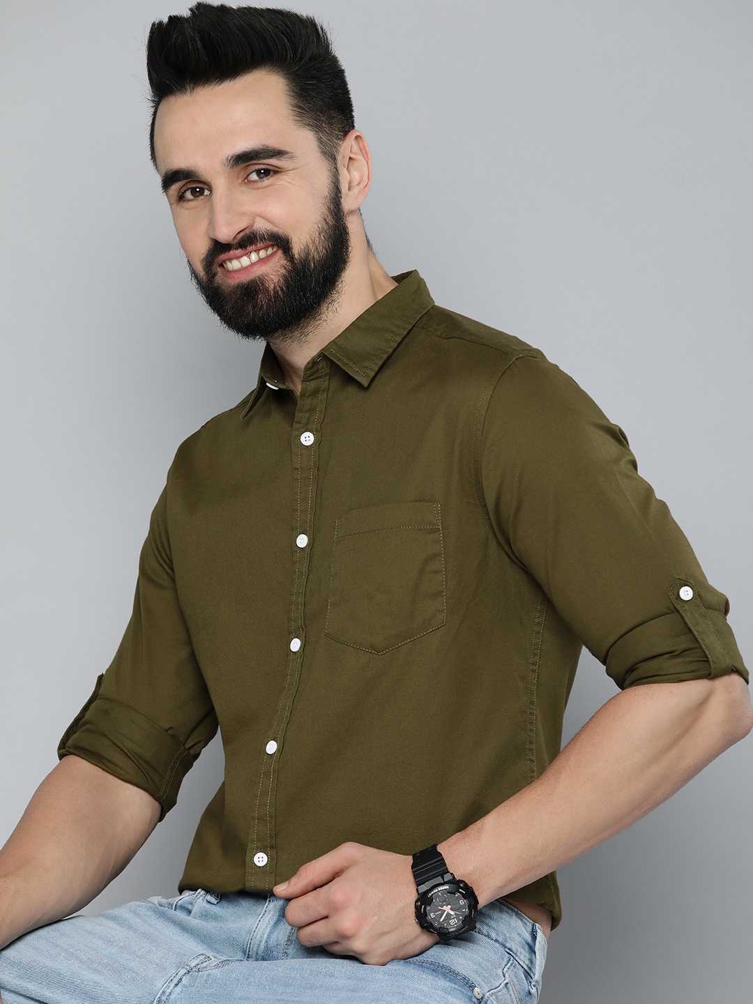 

HERE&NOW Men Pure Cotton Slim Fit Casual Shirt, Olive