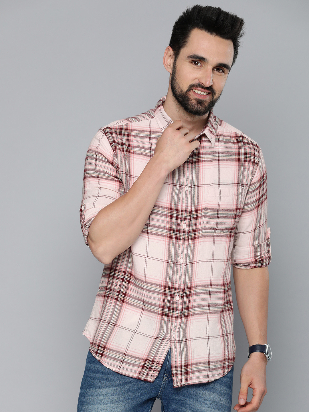 

HERE&NOW Men Off White Slim Fit Tartan Checked Casual Shirt