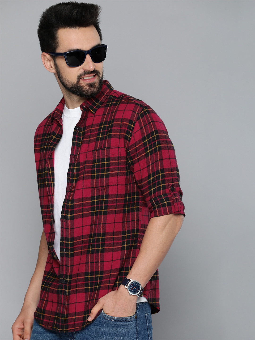 

HERE&NOW Men Red Pure Cotton Slim Fit Tartan Checks Checked Casual Shirt