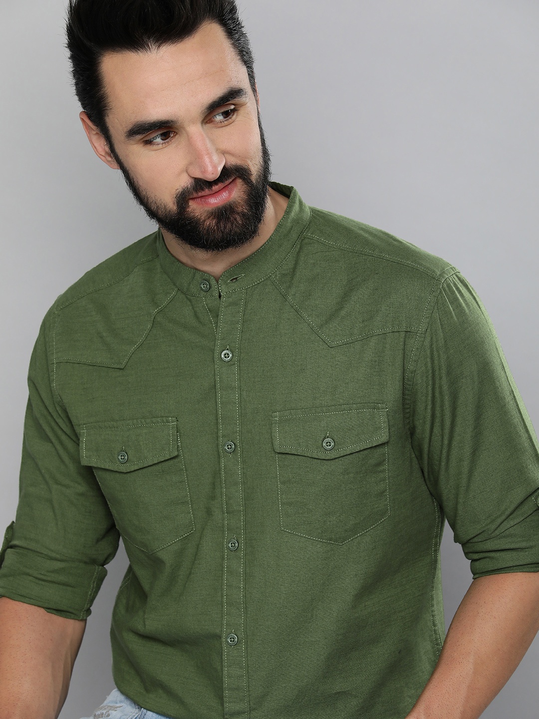 

HERE&NOW Men Green Solid Slim Fit Pure Cotton Casual Shirt