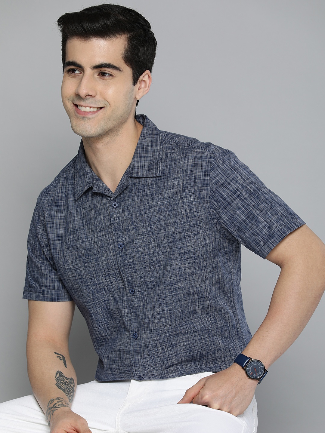 

HERE&NOW Men Navy Blue Checked Slim Fit Pure Cotton Casual Shirt
