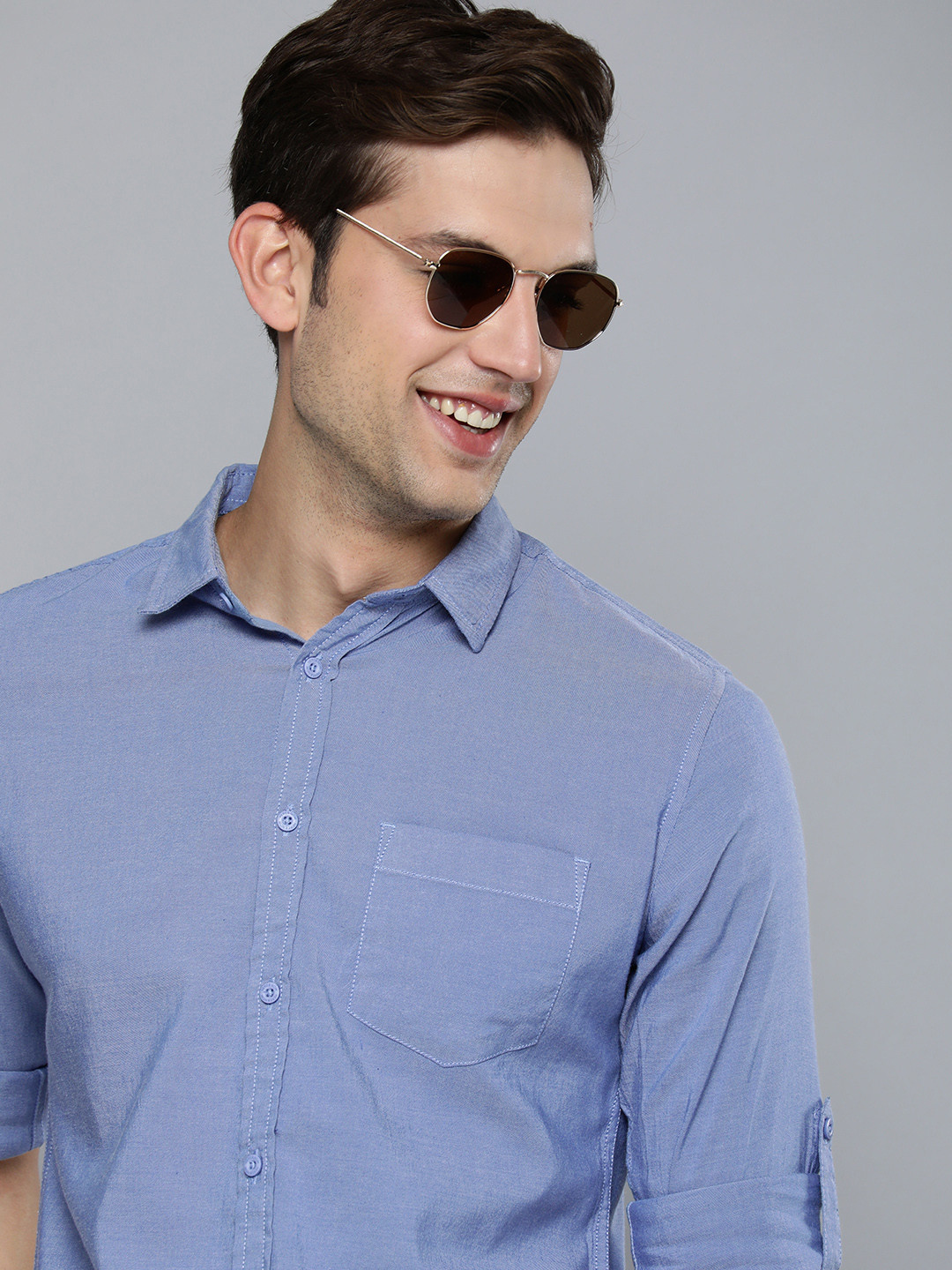 

HERE&NOW Men Blue Solid Pure Cotton Slim Fit Casual Shirt