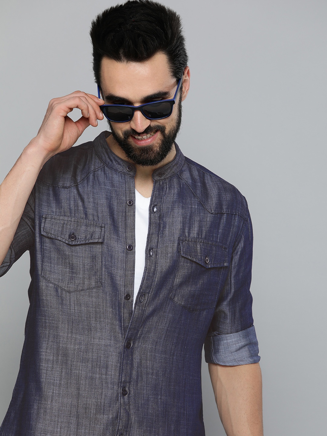 

HERE&NOW Men Navy Blue Slim Fit Long Sleeves Casual Shirt