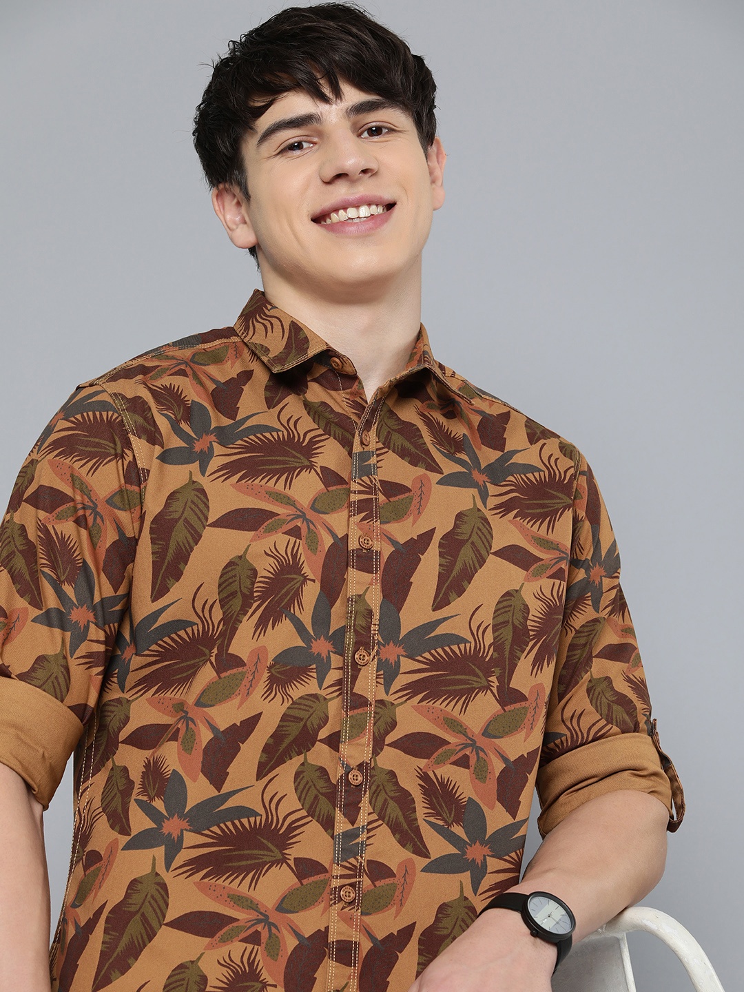 

HERE&NOW Men Slim Fit Tropical Printed Casual Shirt, Rust