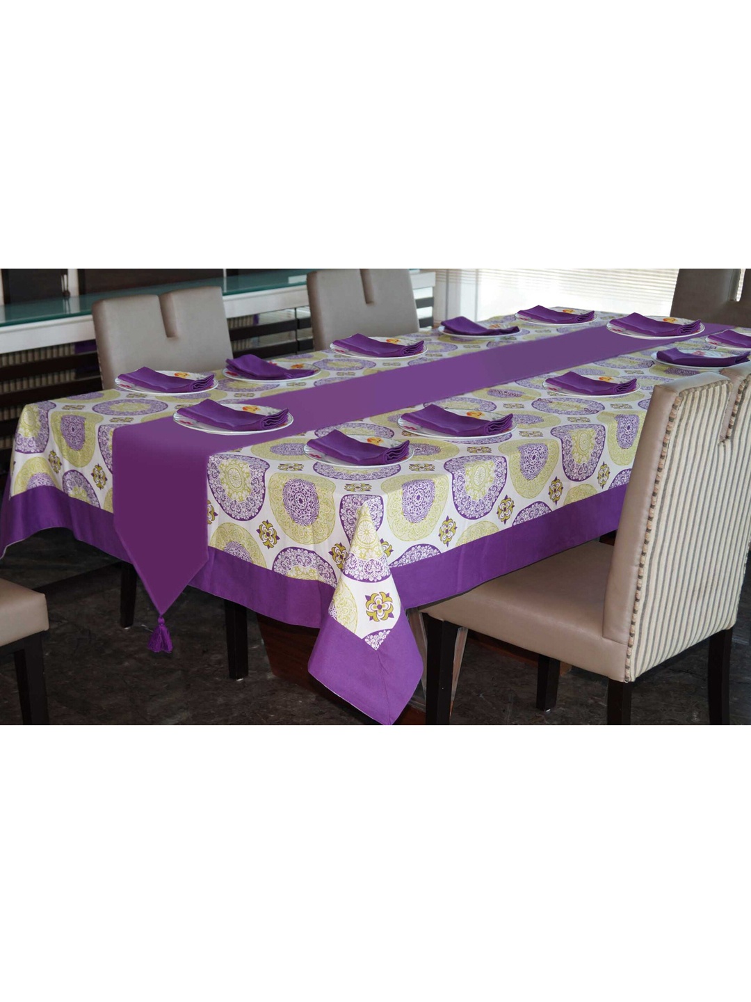 

Lushomes Purple & White 14 Pieces Geometric Cotton Table Linen Sets