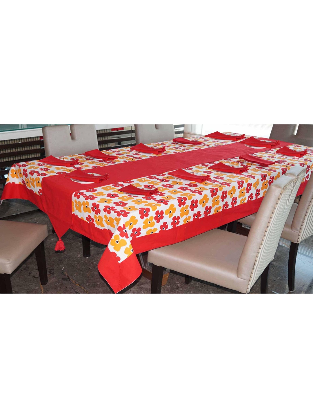 

Lushomes Red Printed 12 Seater Table Linen Set