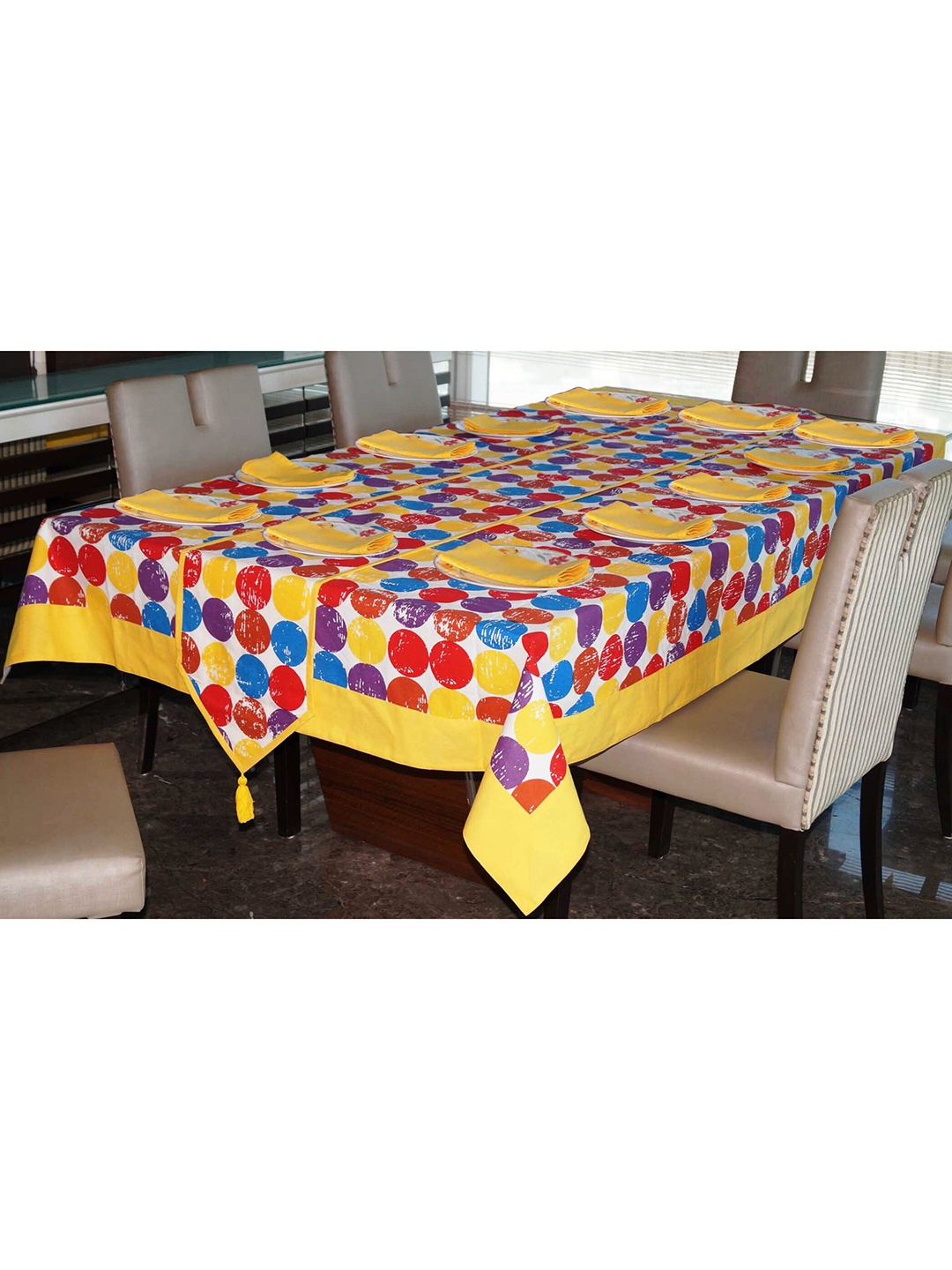 

Lushomes Yellow & Red Printed 12 Seater Table Linen Set
