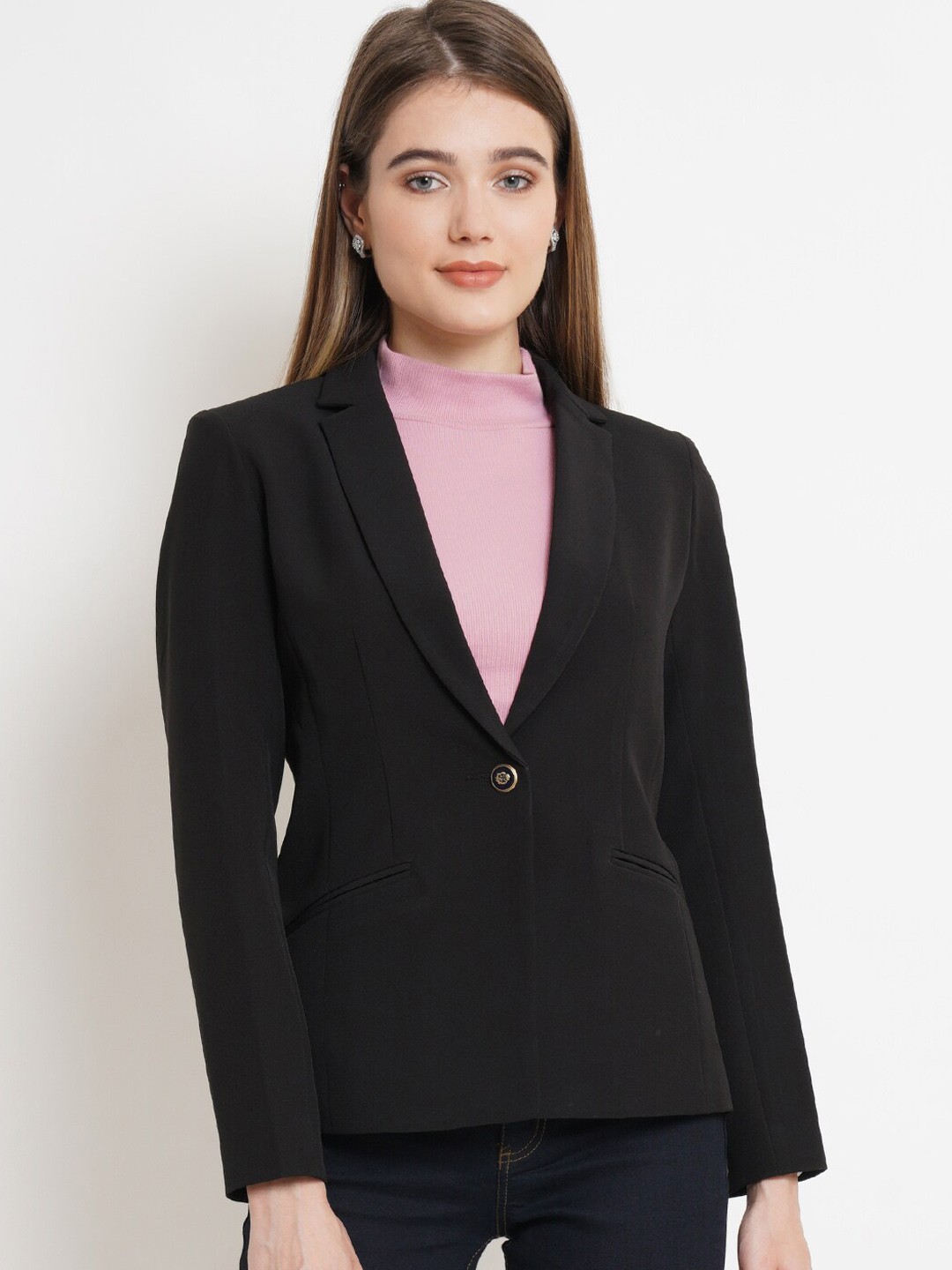 

Purple State Women Black Solid Single-Breasted Casual Blazer