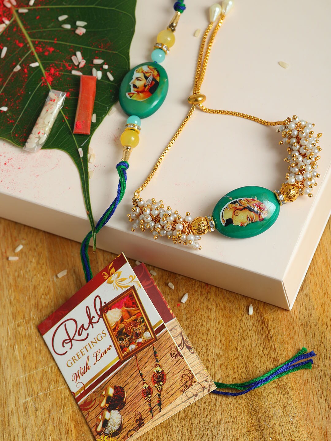 

PASSION PETALS Green Bhaiya Bhabhi Rakhi Set