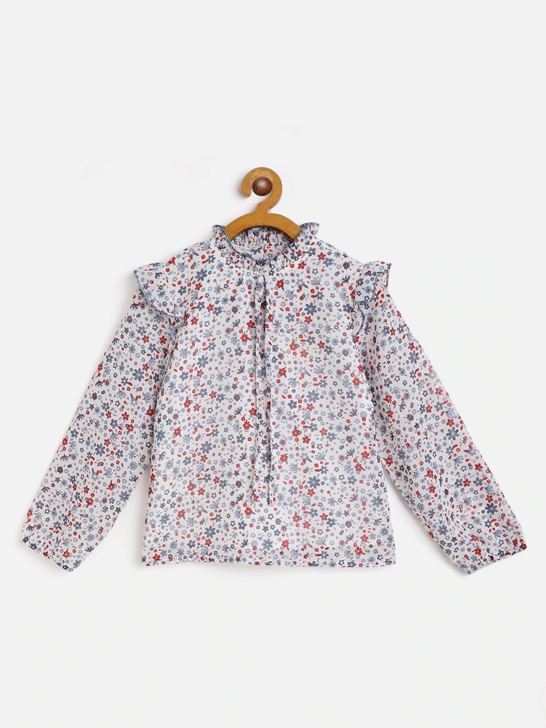 

luyk Blue Floral Print Mandarin Collar Georgette Top