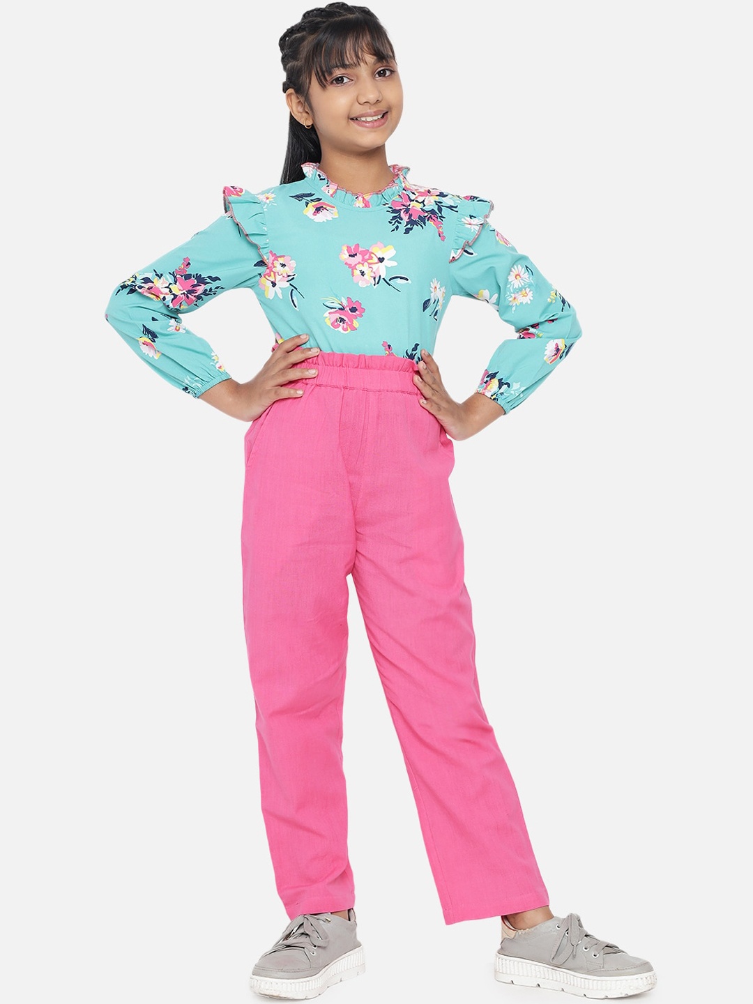 

luyk Girls Pink & Blue Printed Top with Trousers