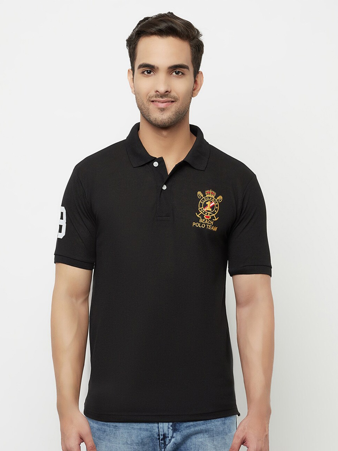 

ELEGANCE Men Black & french middle red purple Polo Collar T-shirt