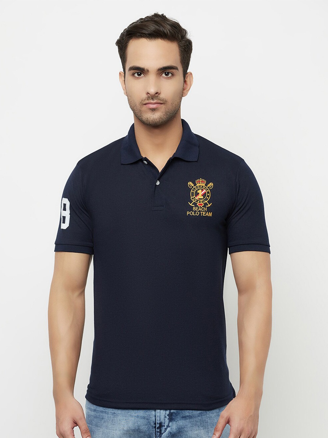 

ELEGANCE Men Navy Blue Polo Collar T-shirt