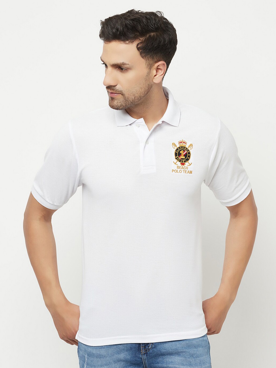 

ELEGANCE Men White Polo Collar Applique T-shirt