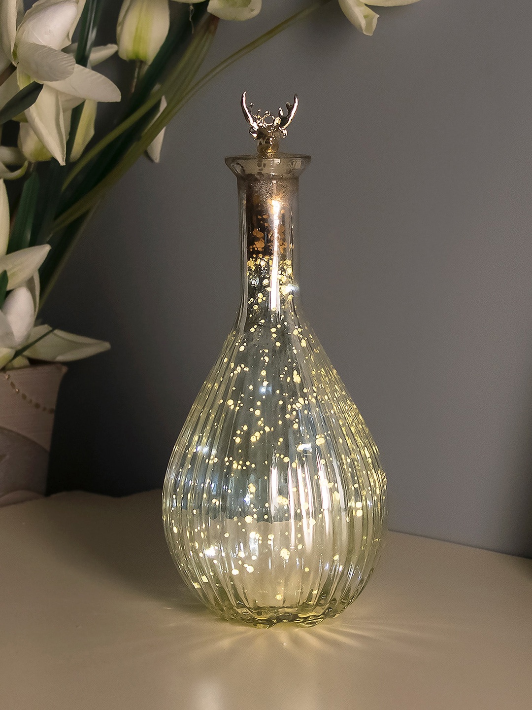 

Homesake Silver-Toned Ovoid Bottle Copper Star String Lights with Deer Lid