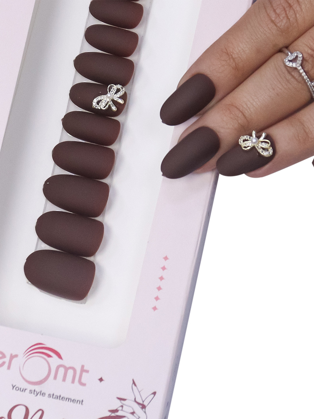 

BEROMT Bow Charms Salon Finish Press-On Matte False Nail Tips Kit - BFNC07BC, Coffee brown