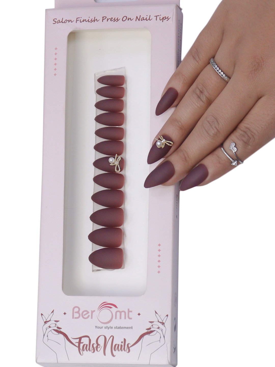 

BEROMT Bow Charms Salon Finish Press-On Matte False Nail Tips Kit - BFNC04BC, Brown