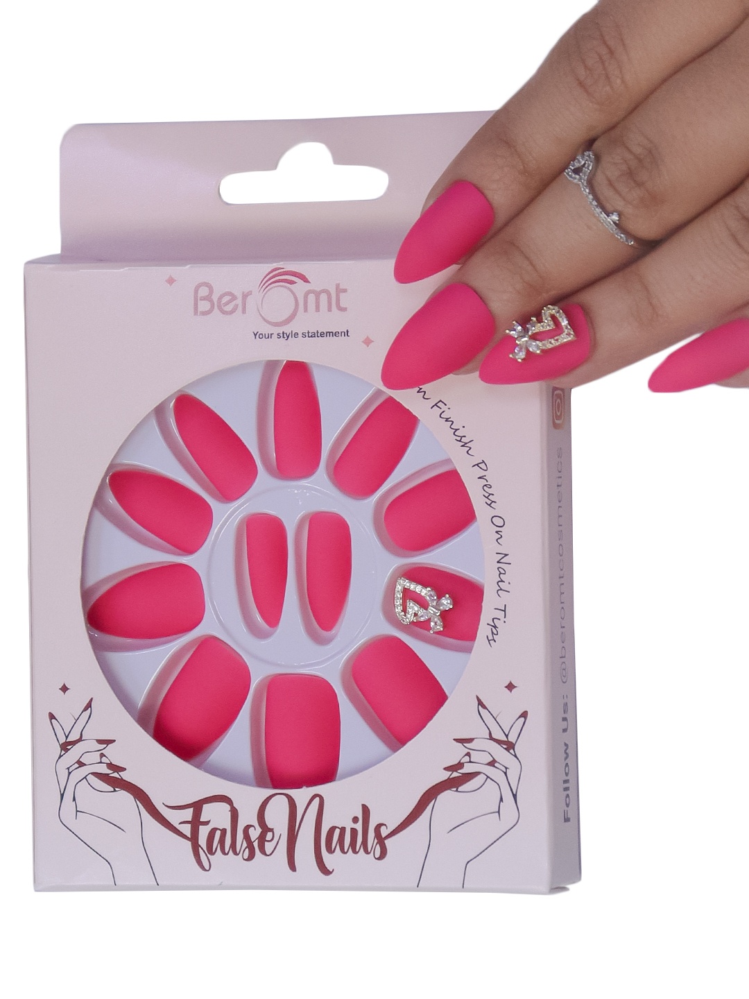 

BEROMT Bow Charms Salon Finish Press-On Matte False Nail Tips Kit - BFNC01BC, Red