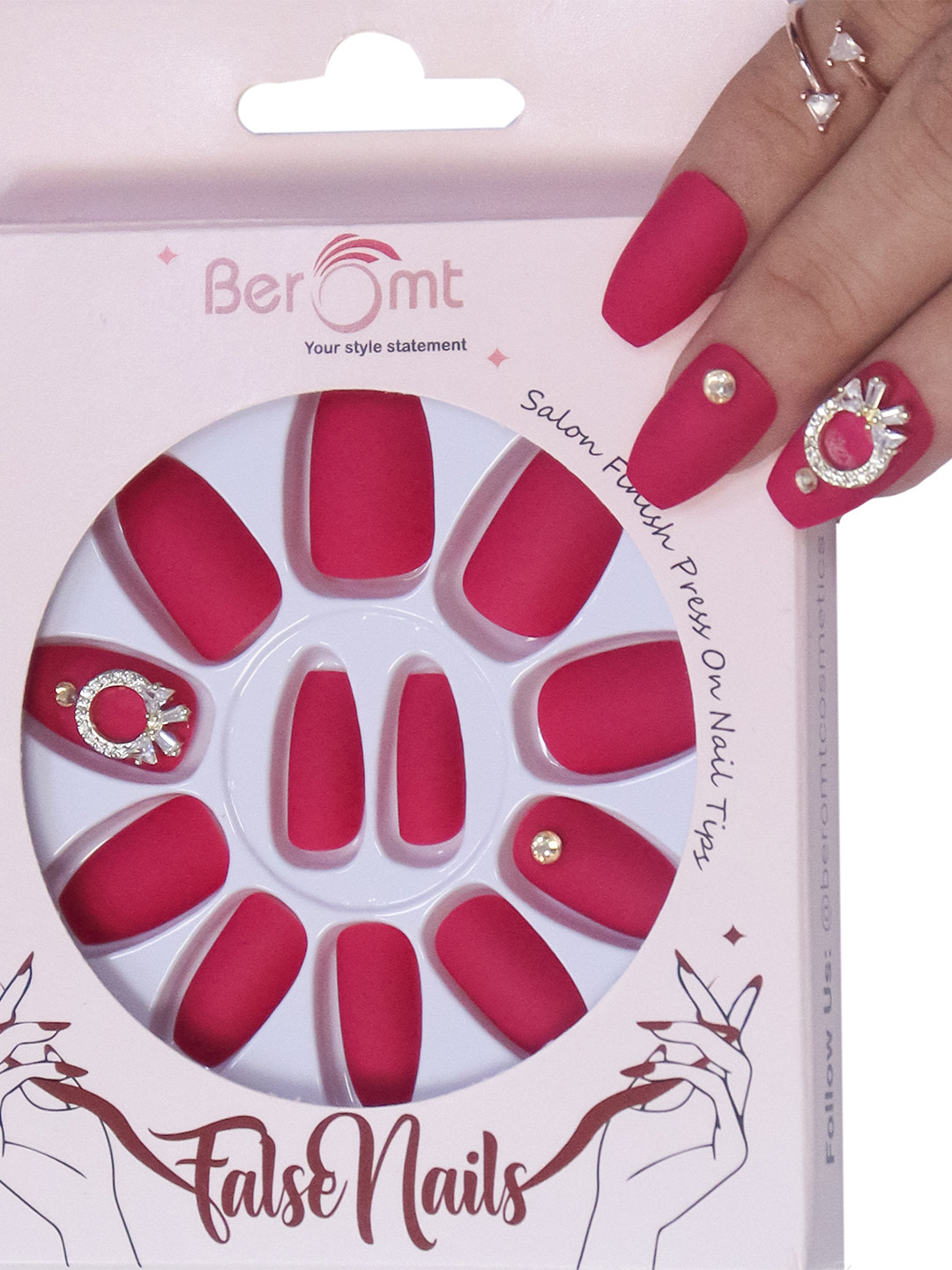 

BEROMT Bow Charms Salon Finish Press-On Matte False Nail Tips Kit - BFNC03BC, Red